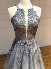 Backless Gray Lace Semi Formal Prom Dresses, Backless Gray Lace Formal Evening Graduation Dresses